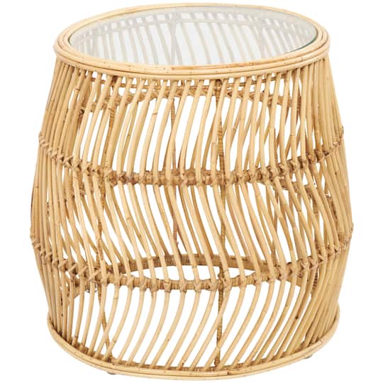 Brown Rattan Handmade Wavy Woven Accent Table with Glass Top
